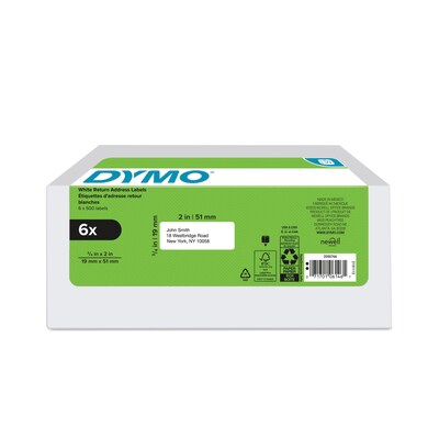 DYMO LabelWriter 2050766 Return Address Labels, 2 x 3/4, Black on White, 500 Labels/Roll, 6 Rolls/