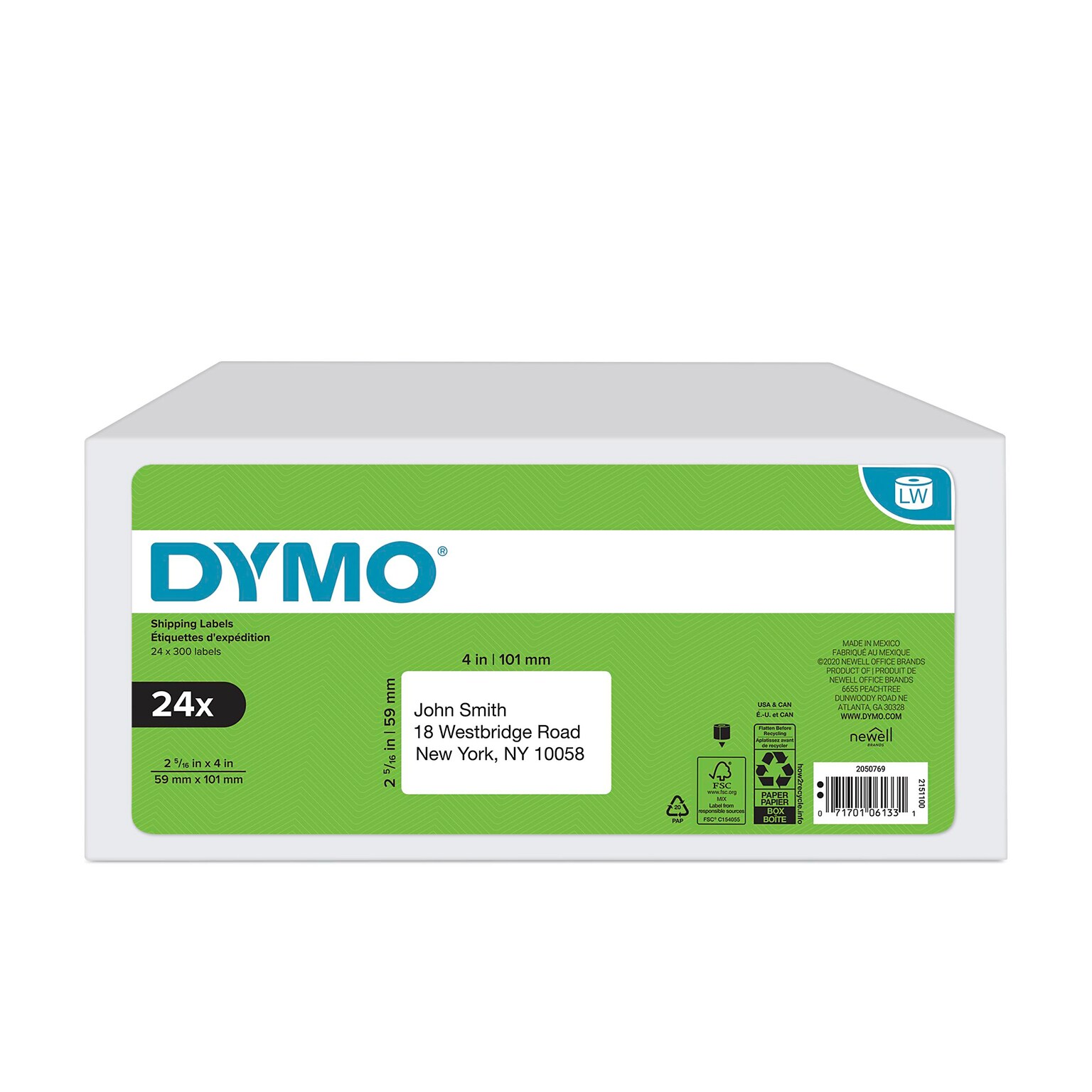 DYMO LabelWriter 2050769 Shipping Labels, 4 x 2-5/16, Black on White, 300 Labels/Roll, 24 Rolls/Box (2050769)