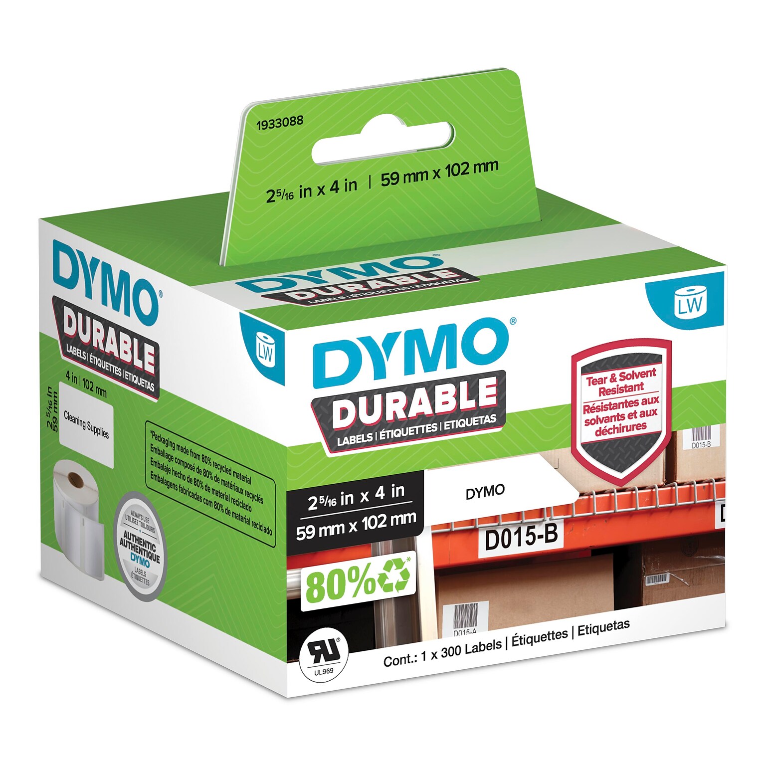 DYMO LabelWriter 1933088 Durable Industrial Labels, 4 x 2-5/16, Black on White, 300 Labels/Roll (1933088)