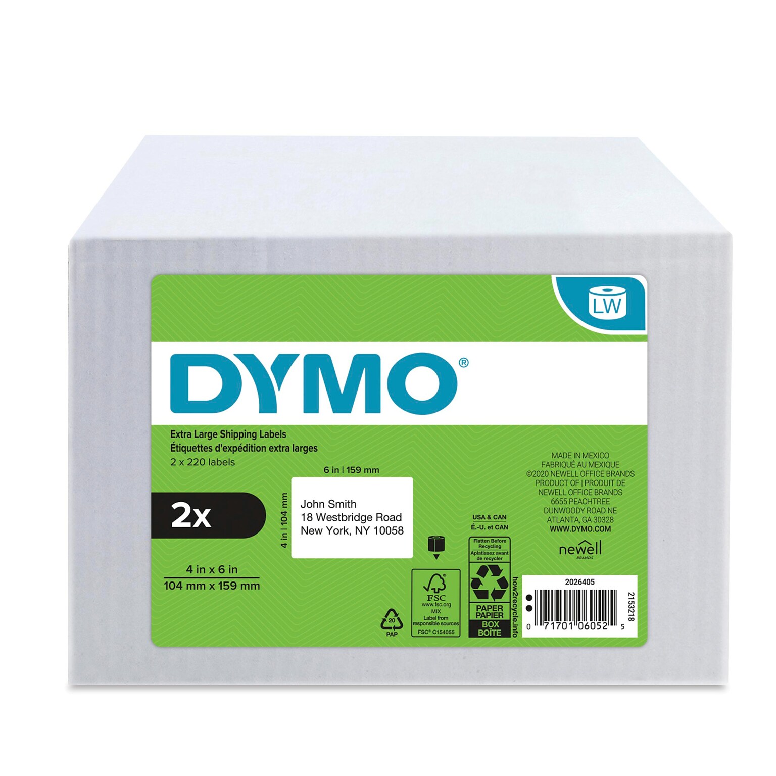 DYMO LabelWriter 2026405 Extra Large Shipping Labels, 4 x 6, Black on White, 220 Labels/Roll, 2 Rolls/Pack (2026405)
