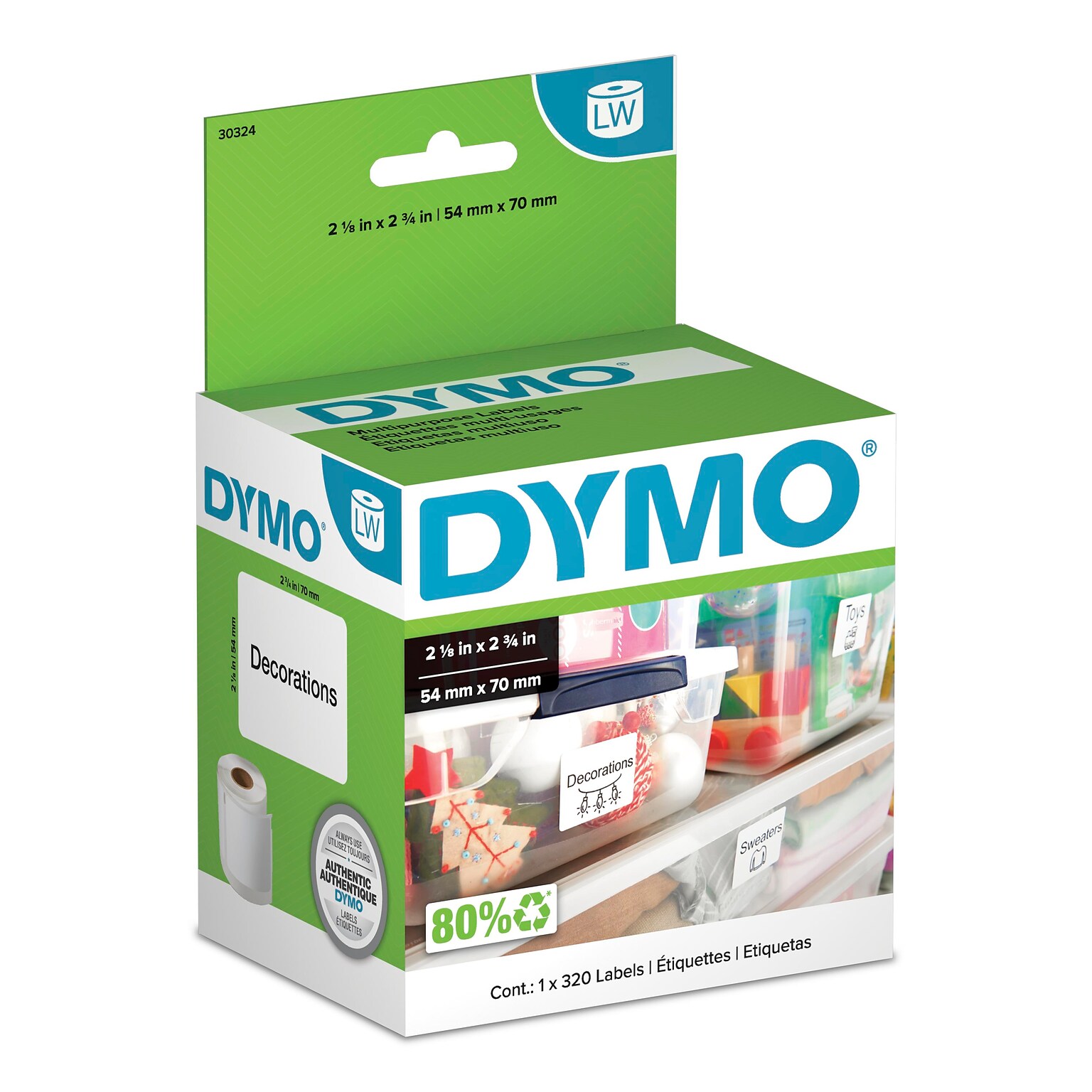 DYMO LabelWriter 30324 Large Multi-Purpose Labels, 2-3/4 x 2-1/8, Black on White, 320 Labels/Roll (30324)