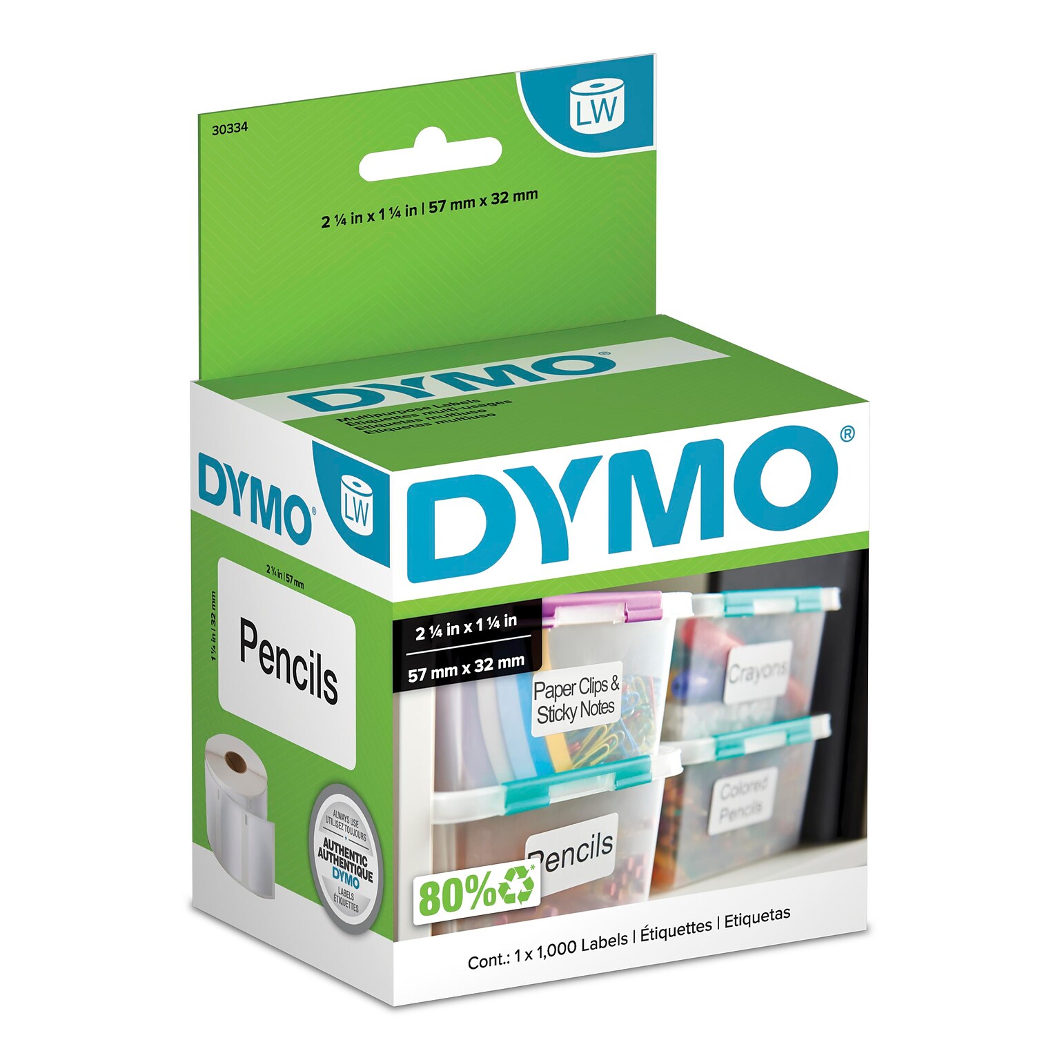DYMO LabelWriter 30334 Multi-Purpose Labels, 2-1/4 x 1-1/4, Black on White, 1000 Labels/Roll (30334)