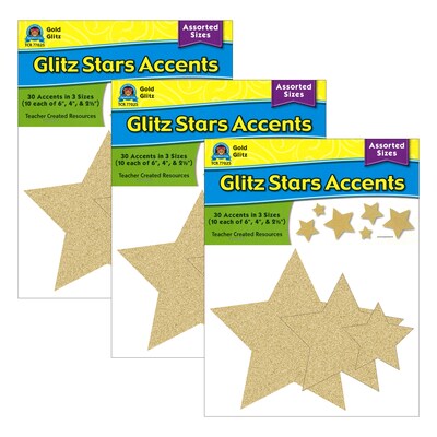 Teacher Created Resources Gold Glitz Stars Accents, Assorted Sizes, 30 Per Pack, 3 Packs (TCR77025-3