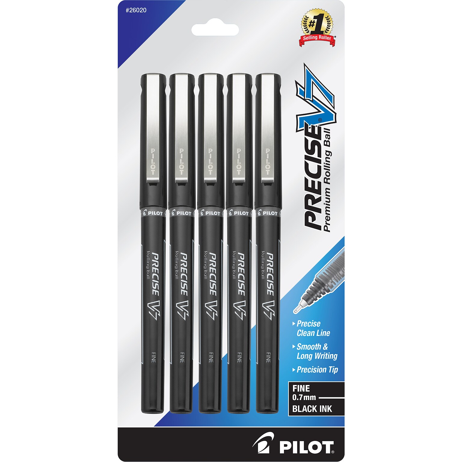 Pilot Precise V7 Rollerball Pens, Fine Point, Black Ink, 5/Pack (26020)