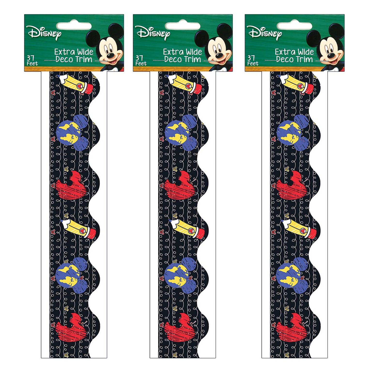 Eureka Mickey Color Pop! Apple, Pencil, World Extra Wide Deco Trim®, 37 Feet Per Pack, 3 Packs (EU-845225-3)