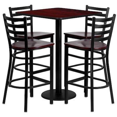 Flash Furniture Square Laminate Table Set with 4 Ladder Back Metal Bar Stool, 30 x 30, Mahogany