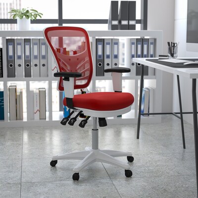 Flash Furniture Nicholas Ergonomic Mesh Swivel Mid-Back Multifunction Executive Office Chair, Red/White Frame (HL0001WHRED)