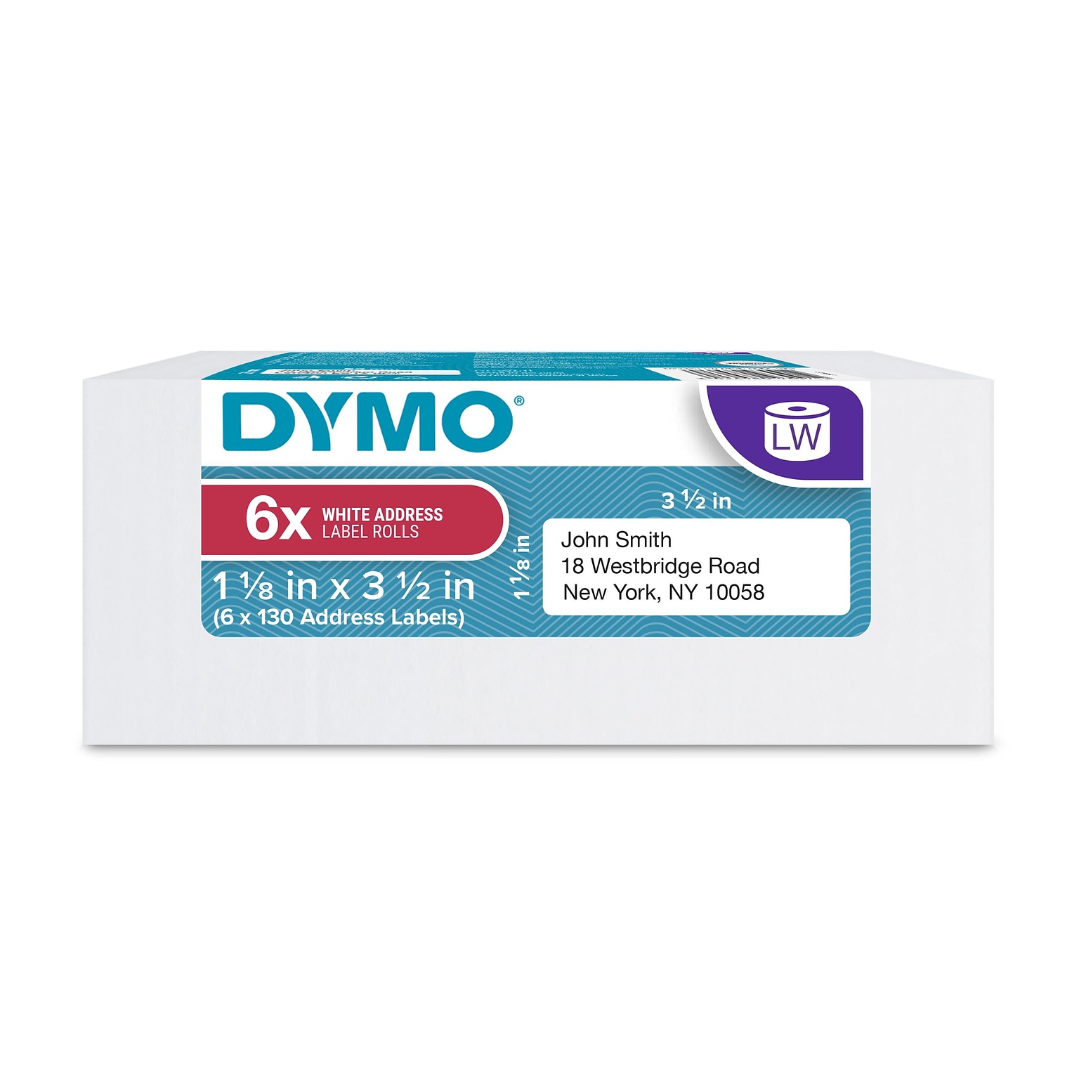 DYMO LabelWriter 2050818 Mailing Address Labels, 3-1/2 x 1-1/8, Black on White, 130 Labels/Roll, 6 Rolls/Box (2050818)
