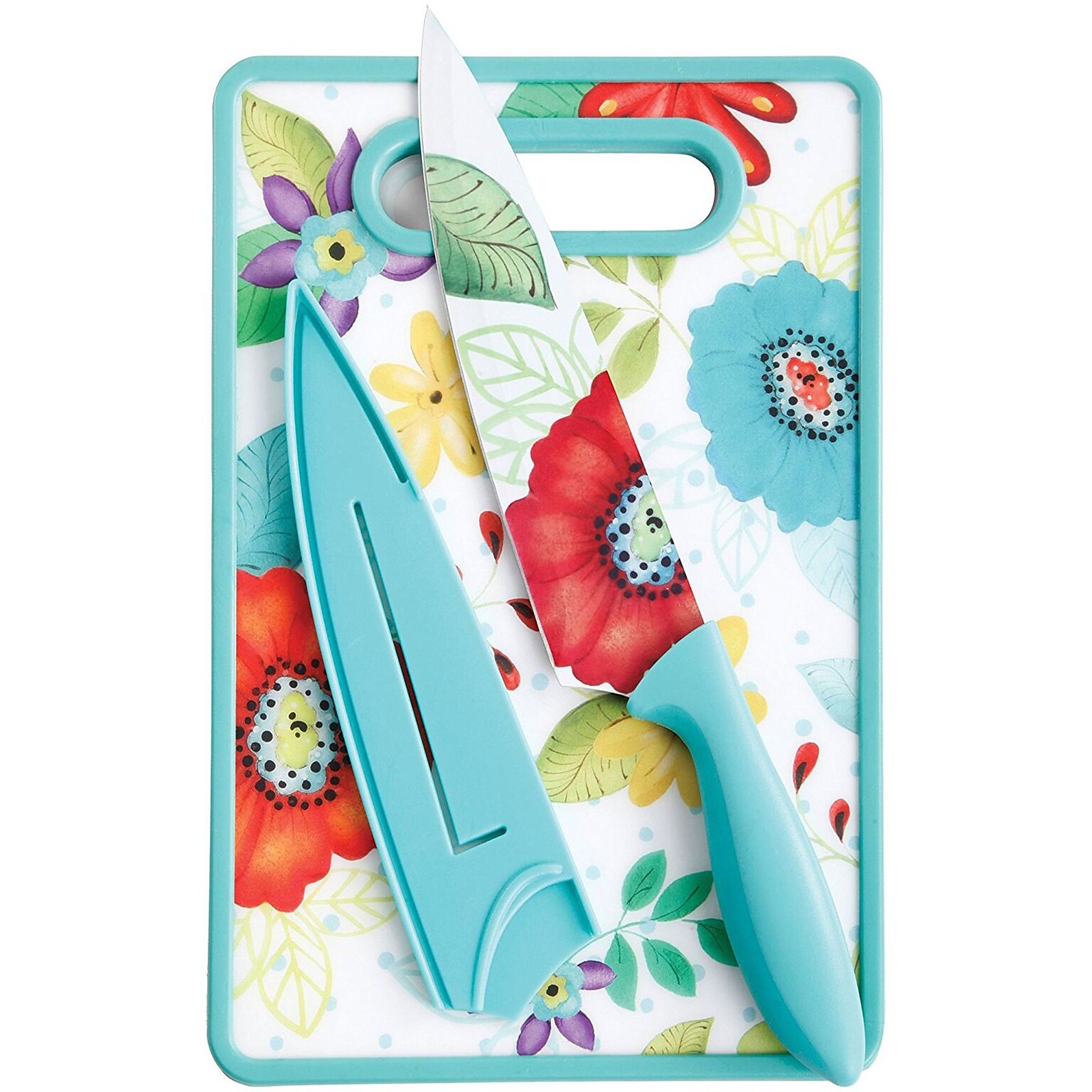 Studio California Jordana 8 Chef Knife W/Sheath & Cutting Board, Turquoise Floral Pattern (112065.03)