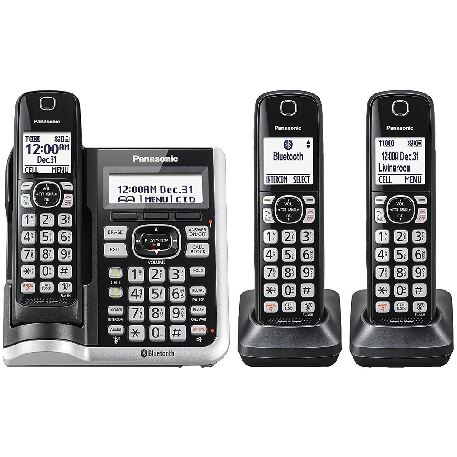 Panasonic Link2Cell Bluetooth 3-Handset Cordless Telephone, Black (KX-TGF573S)