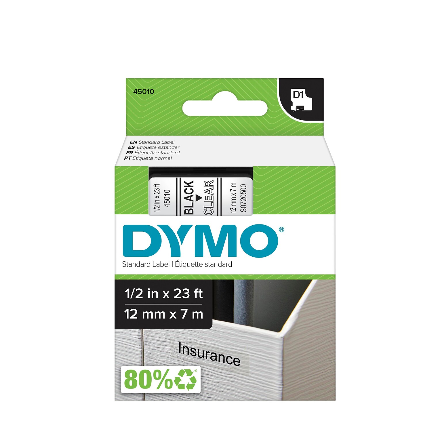 DYMO D1 Standard 45010 Label Maker Tape, 1/2 x 23, Black on Clear (45010)