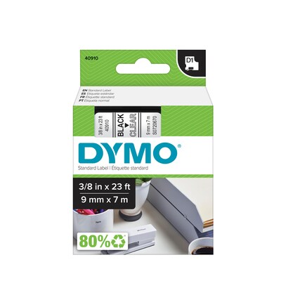 DYMO D1 Standard 40910 Label Maker Tape, 3/8 x 23, Black on Clear (40910)
