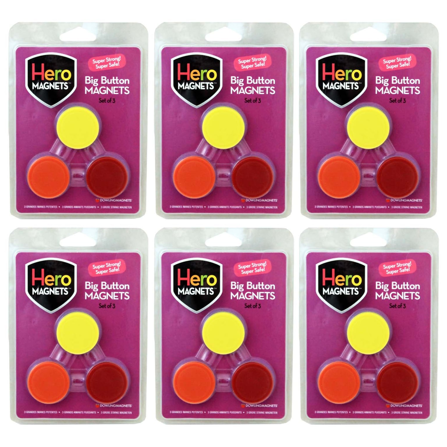 Dowling Magnets Hero Magnets: Big Button Magnets, Assorted Colors, 3 Per Pack, 6 Packs (DO-735014-6)