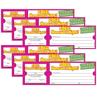 Scholastic Teaching Solutions Ticket Awards, Free Homework Night!, 100 Per Pack, 6 Packs (TF-1617-6)