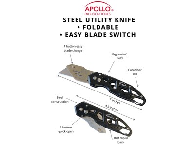 Apollo Tools Stainless Steel Foldable Utility Knife with Carabiner Clip and Fast-Change Blade (DT5017)