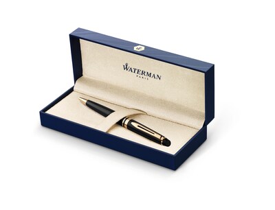 Waterman Expert Shiny Black/Gold Trim Ballpoint Pen, Medium Point, Blue Ink (S0951700)
