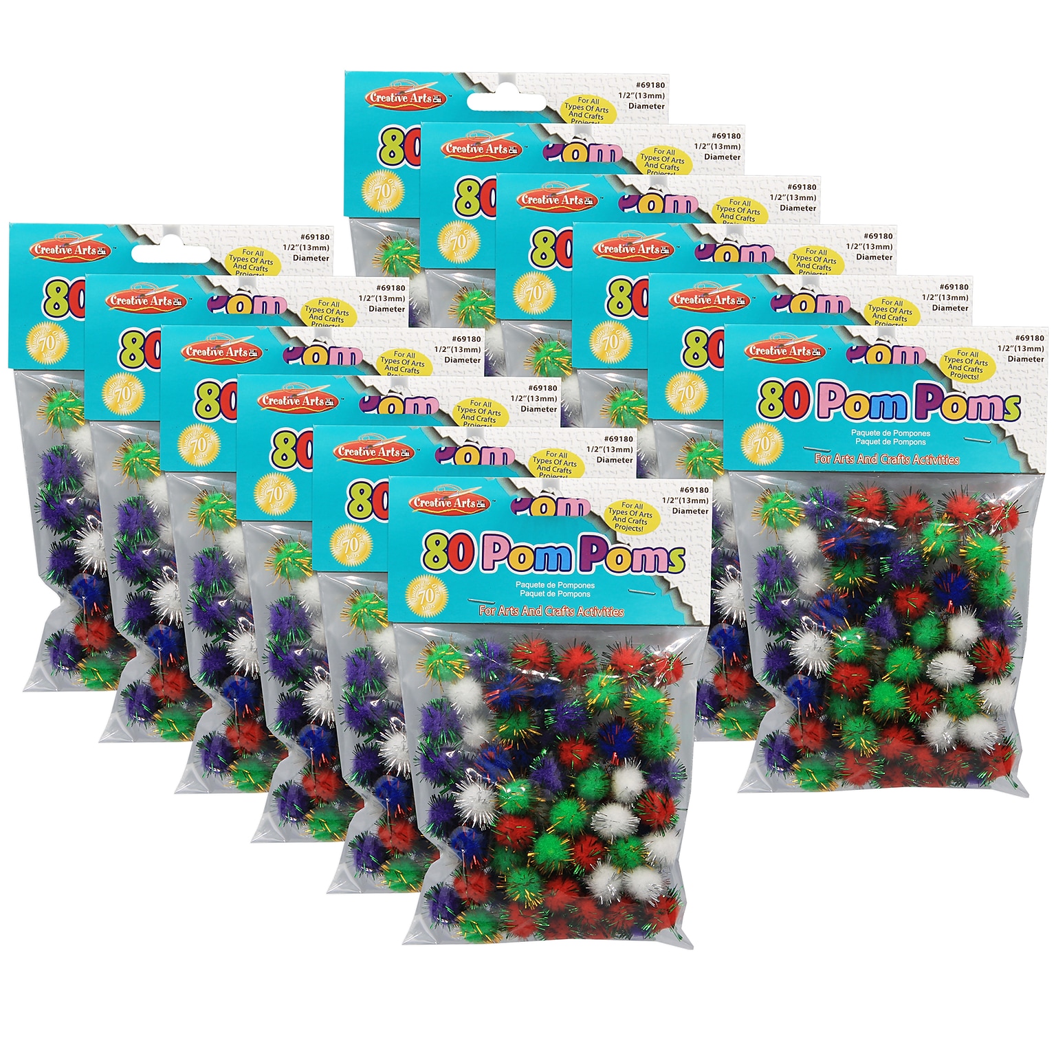 CLI Pom-Poms 1/2, Assorted Glitter Colors, 80/Pack, 12 Packs (CHL69180-12)