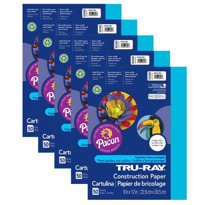 Tru-Ray® Construction Paper, Atomic Blue, 9 x 12, 50 Sheets Per Pack, 5 Packs (PAC103400-5)