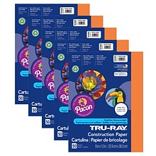 Tru-Ray® Construction Paper, Electric Orange, 9 x 12, 50 Sheets Per Pack, 5 Packs (PAC103404-5)