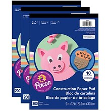 Pacon Art Street 9 x 12Lightweight Construction Paper Pad, Assorted Colors, 200 Sheets/Pack, 3 Pac