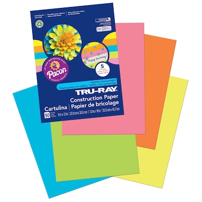 Tru-Ray® Construction Paper, 5 Assorted Hot Colors, 9" x 12", 50 Sheets Per Pack, 5 Packs (PAC6596-5)