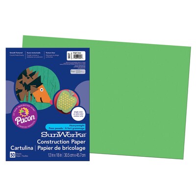 Pacon SunWorks 12" x 18" Construction Paper, Bright Green, 50 Sheets/Pack, 5 Packs (PAC9607-5)