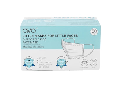 AVO+ 3-ply Disposable Face Mask, Kids, Blue, 50/Box, 2 Boxes/Case (TBN203188)