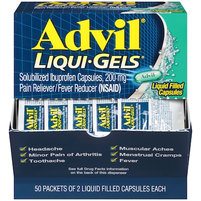 Advil Liqui-Gels Pain Reliever/Fever Reducer, Solubilized Ibuprofen 200mg, 2/Packet, 50 Packets/Box