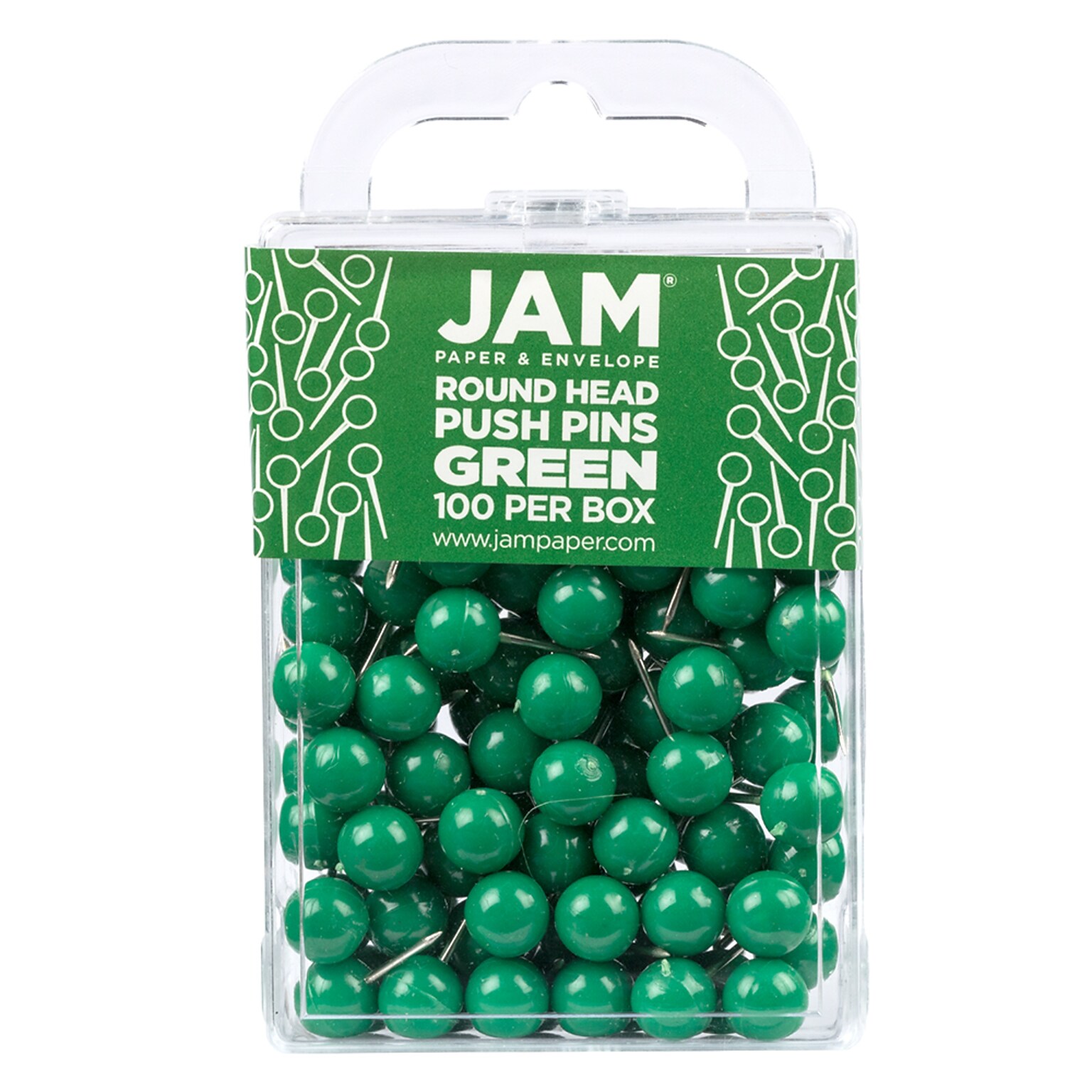 JAM PAPER Round Head Push Pins, Green, 100/Pack (346RTGR)