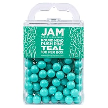 JAM PAPER Round Head Push Pins, Teal, 100/Pack (346RTTE)