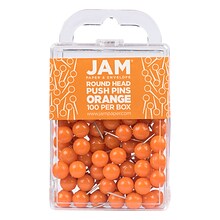 JAM PAPER Round Head Push Pins, Orange, 100/Pack (346RTOR)
