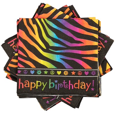 JAM PAPER Birthday Party Beverage Napkins, 5 x 5, Neon Stripes, 16 Napkins/Pack