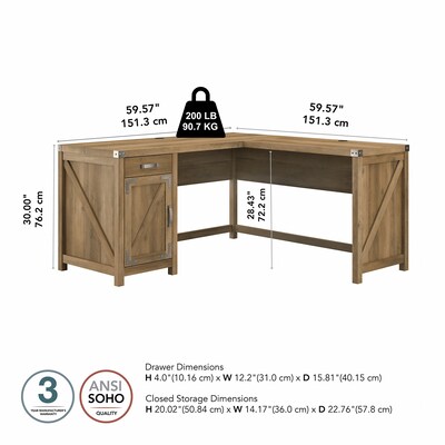 Bush Furniture Knoxville 60"W L Shaped Desk with Drawer and Storage Cabinet, Reclaimed Pine (CGD160RCP-03)