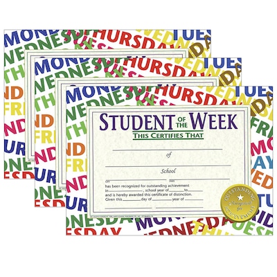Hayes Publishing Student of the Week Certificate, 8.5 x 11, 30/Pack, 3 Packs (H-VA529-3)