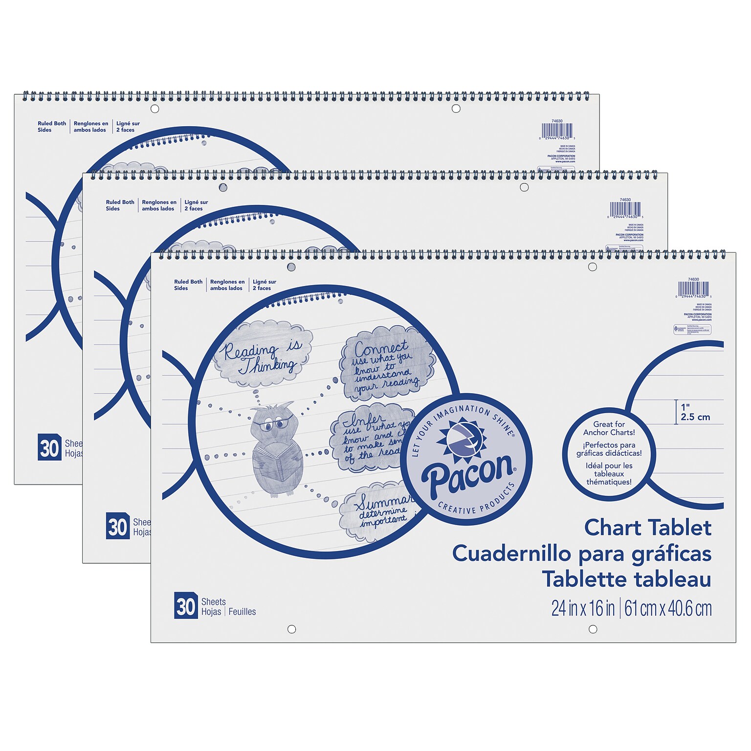 Pacon 1 Ruled Chart Tablet, Cursive Cover, 24 x 16, 30 Sheets Per Tablet, 3 Tablets (PAC74630-3)