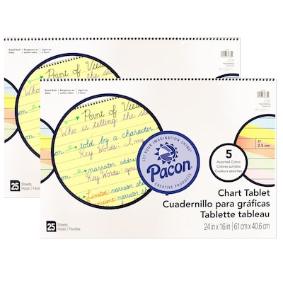 Pacon 1 Ruled Colored Paper Chart Tablet, 24 x 16, 25 Sheets Per Tablet, Pack of 2 (PAC74732-2)