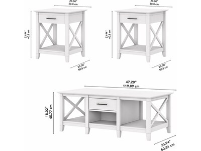 Bush Furniture Key West 47" x 24" Coffee Table with 2 End Tables, Pure White Oak (KWS023WT)