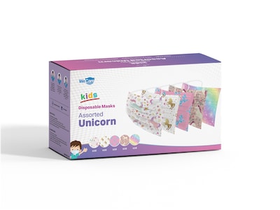 WeCare 3-ply Disposable Face Masks, Kids, Assorted Unicorn Designs, 50/Box (WMN100117)
