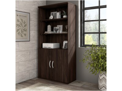 Bush Business Furniture Hybrid 73H 5-Shelf Bookcase with Doors, Black Walnut Laminated Wood (HYB024