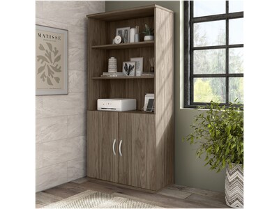 Bush Business Furniture Hybrid 73H 5-Shelf Bookcase with Doors, Modern Hickory Laminated Wood (HYB0