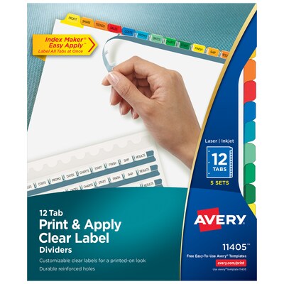 Avery Index Maker Paper Dividers with Print & Apply Label Sheets, 12 Tabs, Multicolor, 5 Sets/Pack (