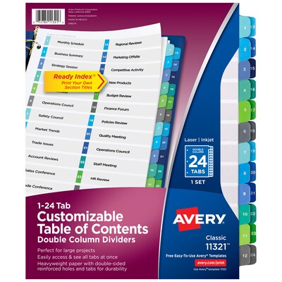 Avery Ready Index Table of Contents Double Column Paper Dividers, 1-24 Tabs, Multicolor (11321)