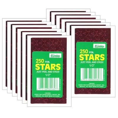 Eureka Presto-Stick Foil Star Stickers, 1/2, Red, 250 Per Pack, 12 Packs (EU-82462-12)