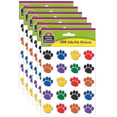 Teacher Created Resources Colorful Paw Print Stickers Valu-Pak, 260 Pieces Per Pack, 6 Packs (TCR497