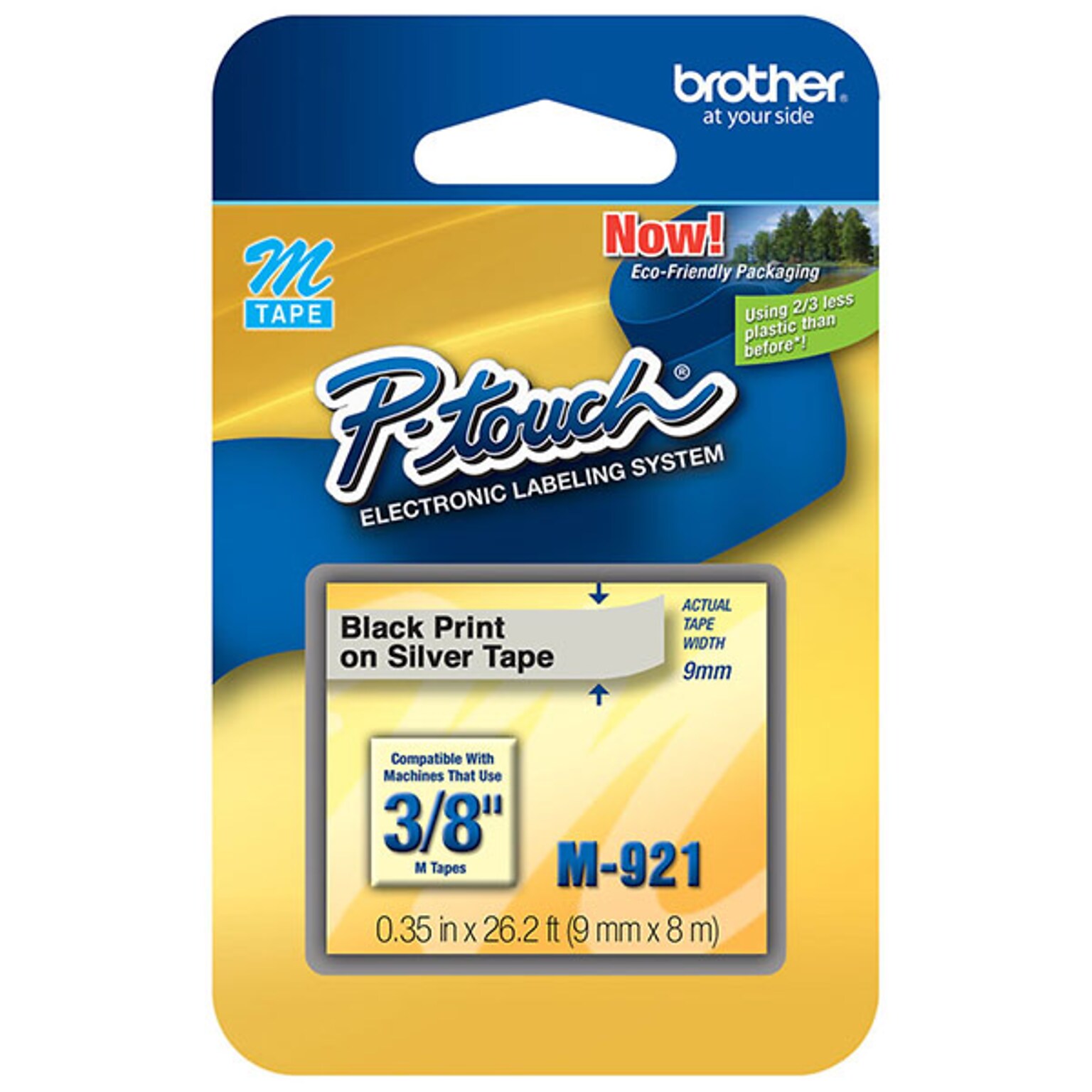 Brother M921 9mm (3/8) Black on Silver Non-Laminated Tape (8m/26.2)