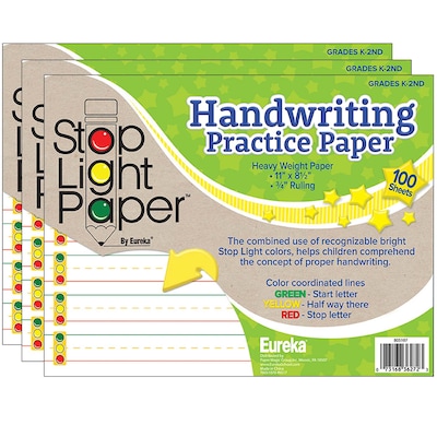 Eureka Stop Light Paper, 8.5 x 11 Practice Writing Paper, 100 Sheets/Pack, 3 Packs (EU-805107-3)