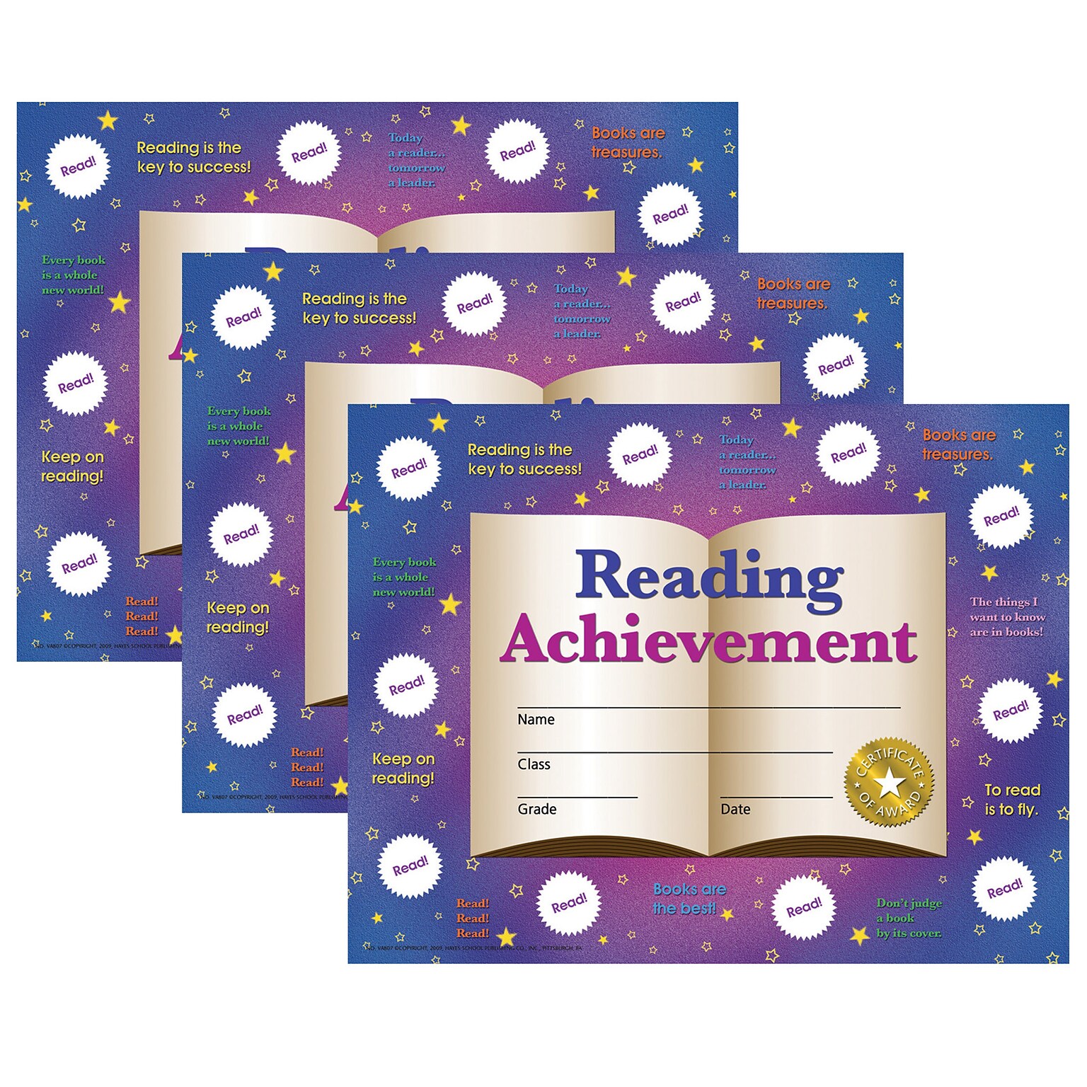 Hayes Publishing Reading Achievement Certificates and Reward Seals, 8.5 x 11, 30 Certificates Per Pack, 3 Packs (H-VA807-3)