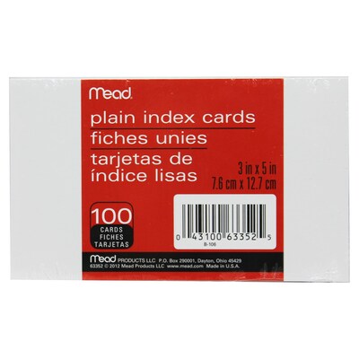 Mead Index Cards, 3 x 5, 100/Pack, 12 Packs (MEA63352-12)
