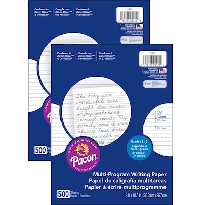 Pacon 10.5 x 8 Multi-Program Handwriting Paper, 1/2 Ruled, White, 500 SheetsPer Pack, 2 Packs (PA