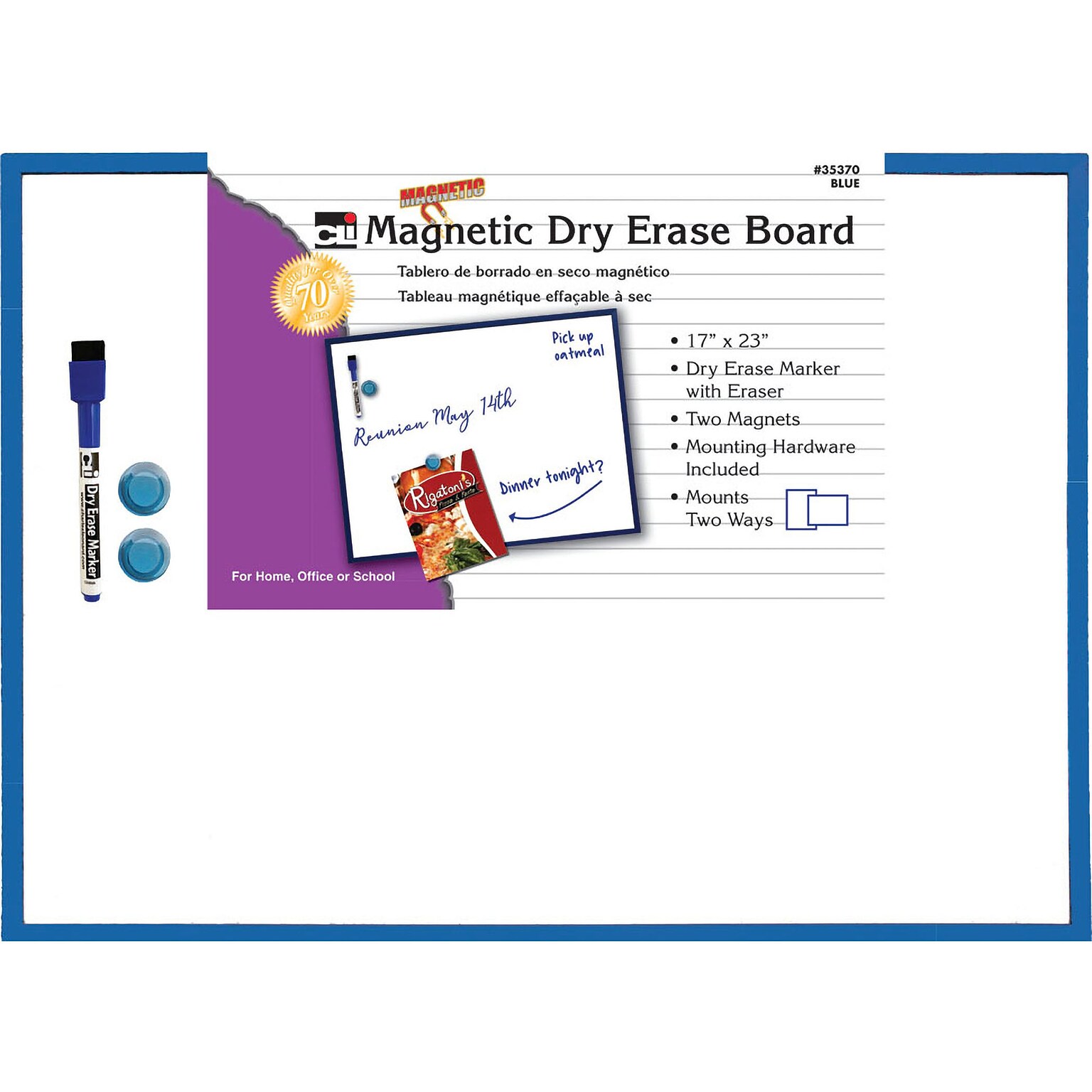 Charles Leonard Magnetic Dry Erase Whiteboard, With Eraser/Marker/2 Magnets, Blue Tin Frame, 17 x 23 (CHL35370)